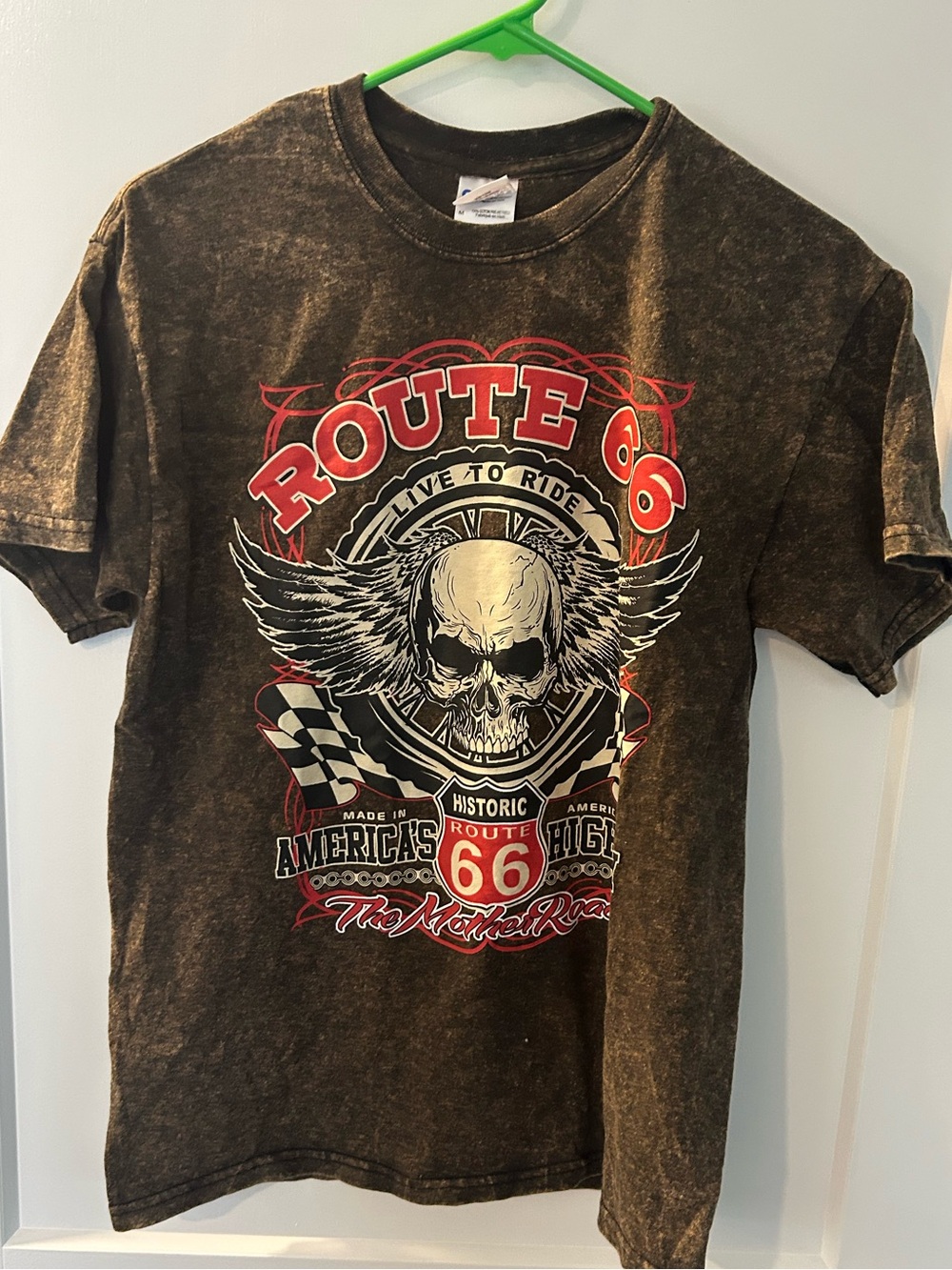 Gildan Black/Brown Tee with Red and Cream Route 66 Skull Graphic